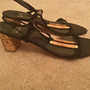 Stuart Weitzman Black Sandal with Tan Woven Heel and Gold Accents
